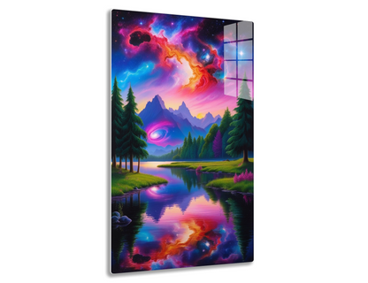 Vibrant nebula sky with fiery cosmic swirls mirrored in mountain lake surrounded by evergreen trees, depicting a surreal cosmic landscape.
