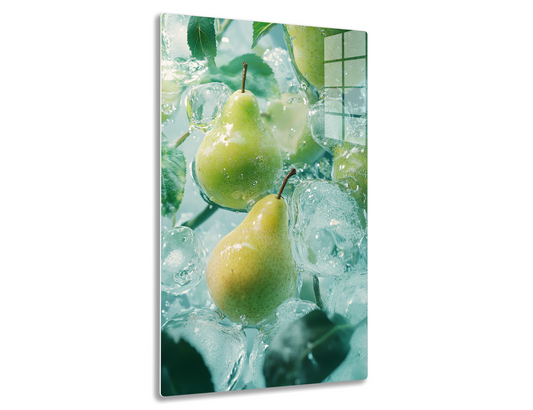 Fresh green pears submerged in water with bubbles and leaves, creating a refreshing and vibrant underwater scene.
