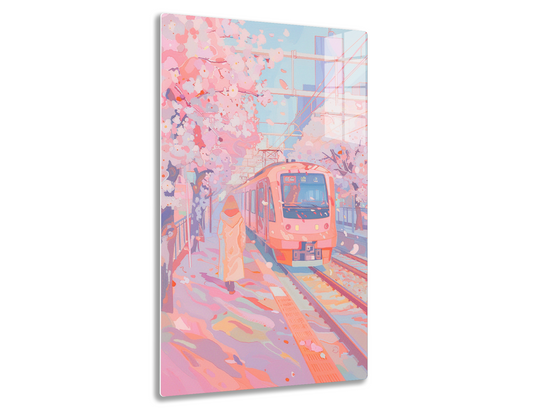 A vibrant illustration of a train station platform during cherry blossom season, with pink petals swirling around an arriving train and a person in a hooded coat waiting on the platform.
