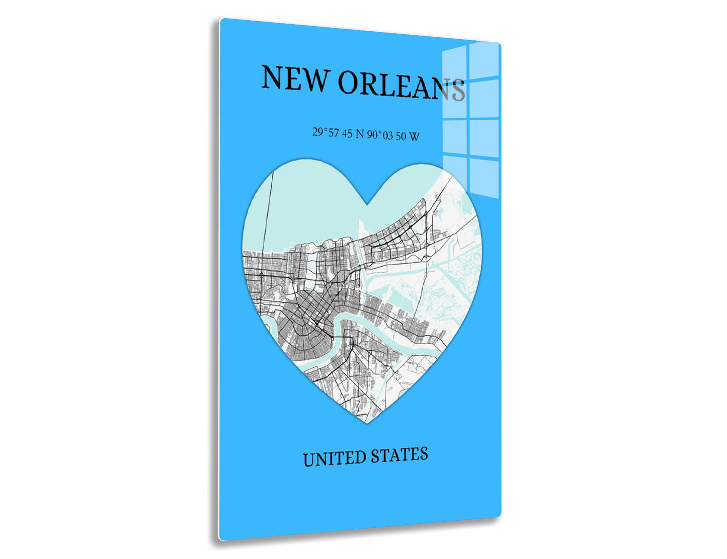 New Orleans city map in the shape of a heart, with street layout and coordinates shown on a blue background.
