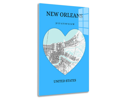 New Orleans city map in the shape of a heart, with street layout and coordinates shown on a blue background.
