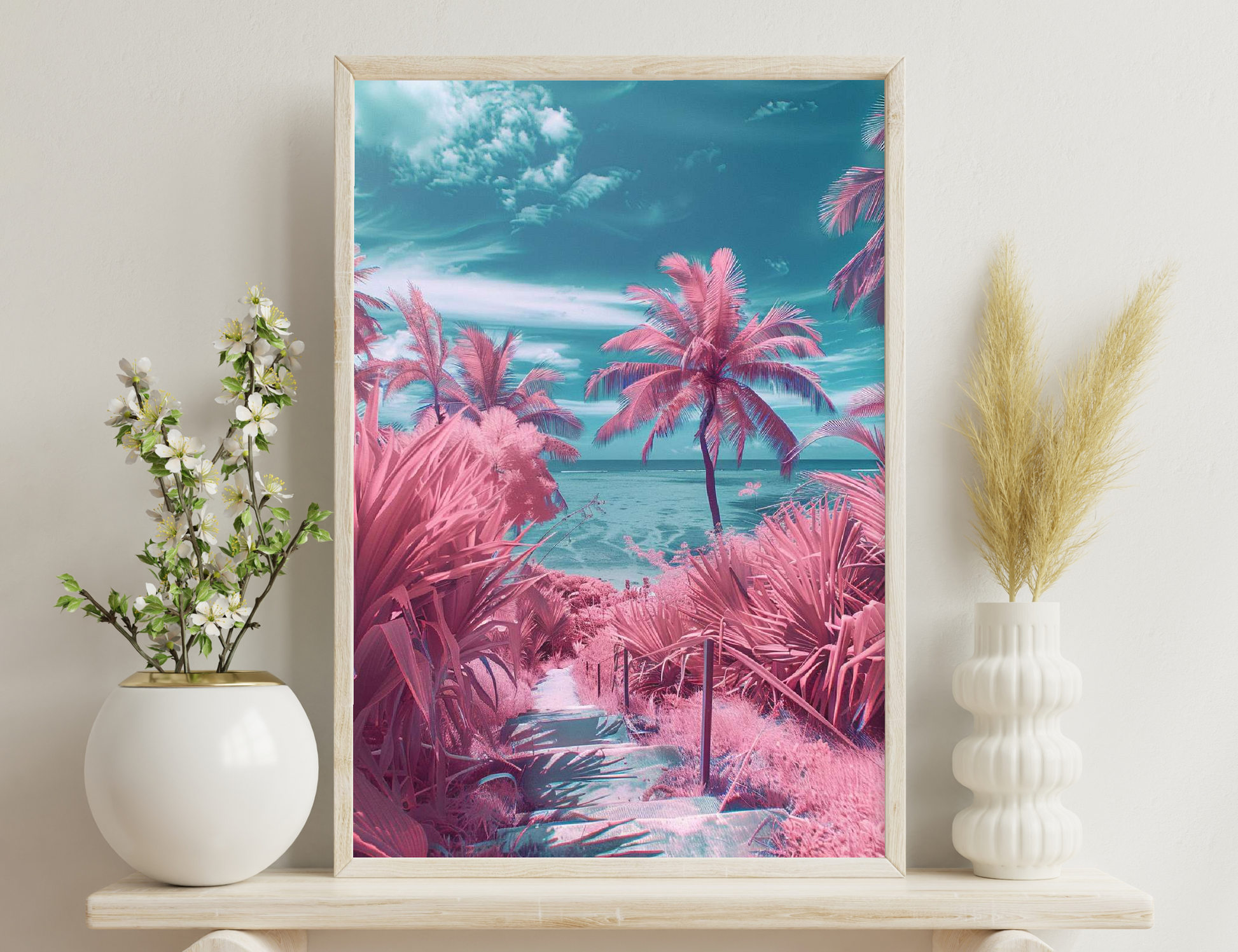 Tropical paradise beach scene with vibrant pink palm trees framing a path leading to turquoise ocean waters under a cloudy blue sky.
