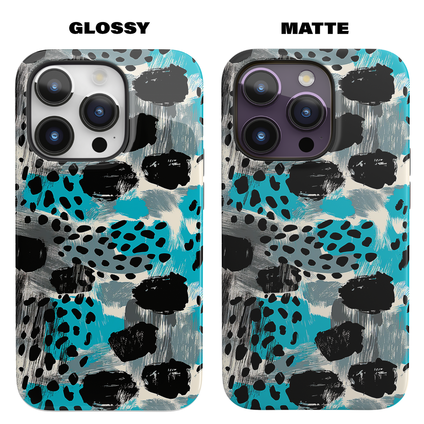 Teal Spots (iPhone MagSafe Case)Elevate your iPhone's protection and style with RimaGallery's Trendy animal print pattern with teal accents on iphone MagSafe Case against a dark backdrop. Enjoy duaRimaGallery