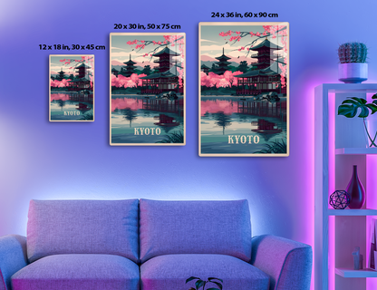 A vintage-style travel poster depicting a serene Japanese landscape with pagoda temples reflected in a lake, surrounded by cherry blossoms, mountains, and deer, promoting Kyoto as a destination.

