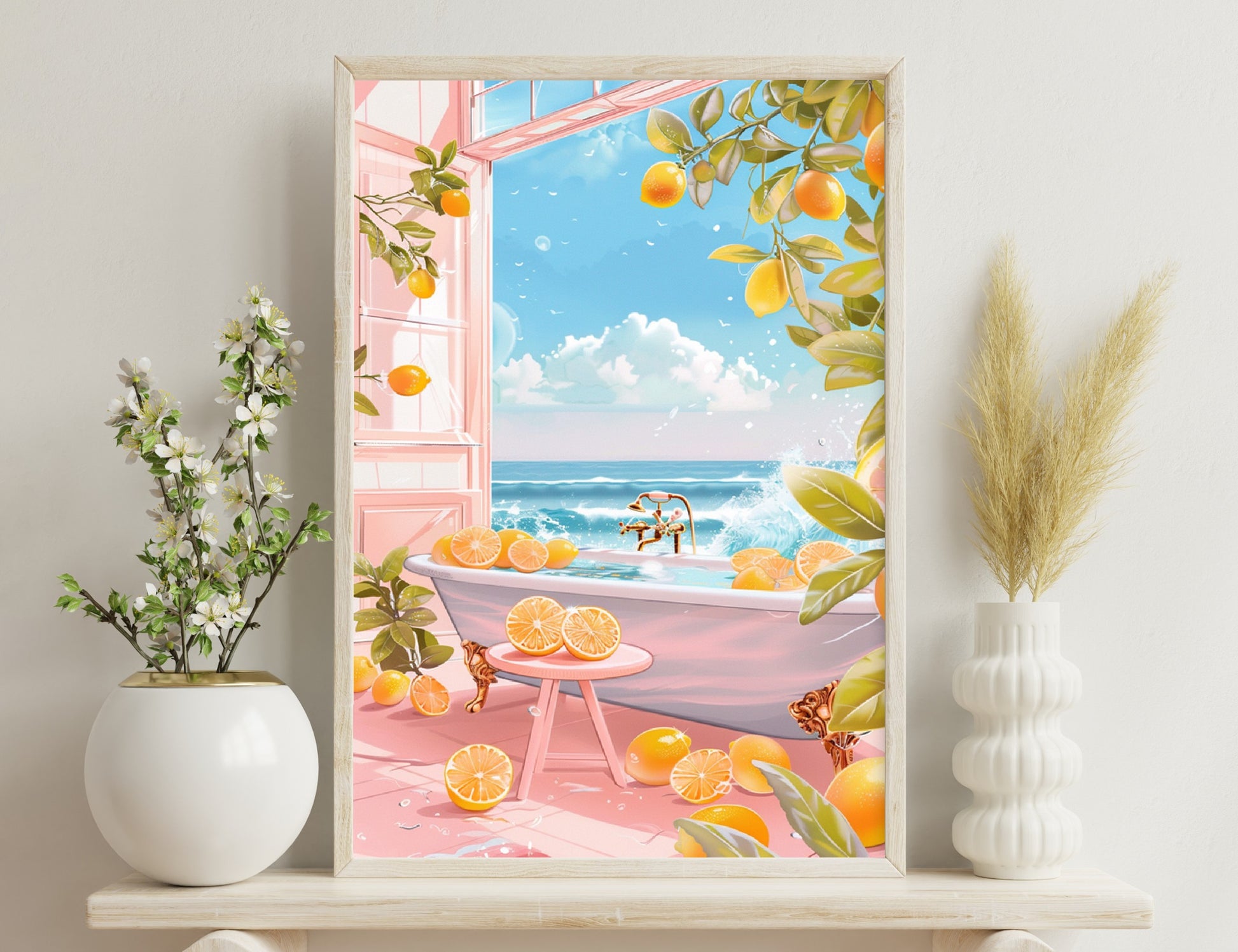 A surreal bathtub scene with an ocean view through an open window, surrounded by lemon trees, sliced lemons and butterflies, creating a whimsical and refreshing atmosphere.
