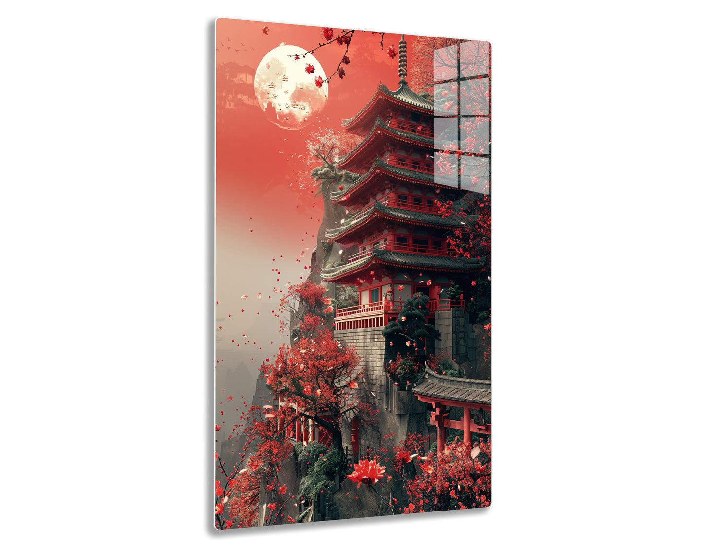 A towering traditional Japanese pagoda amidst vibrant red autumn foliage and a large full moon in a reddish sky, creating a serene and mystical atmosphere.
