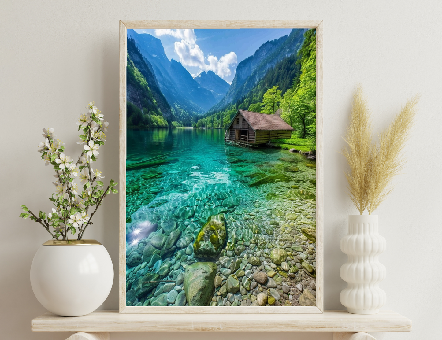 A serene alpine lake surrounded by towering mountains and lush greenery, with a rustic wooden cabin nestled on the shore, reflecting in the crystal clear turquoise waters.
