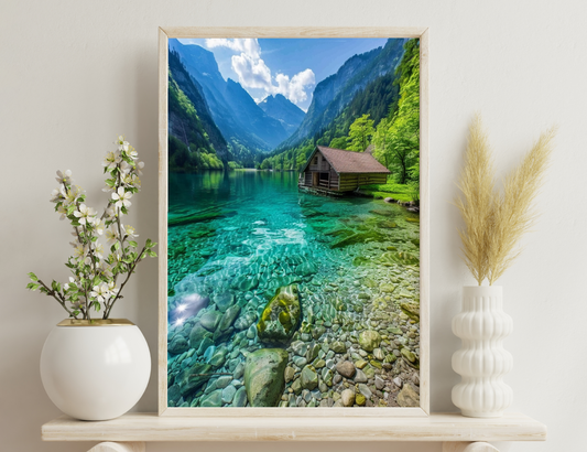 A serene alpine lake surrounded by towering mountains and lush greenery, with a rustic wooden cabin nestled on the shore, reflecting in the crystal clear turquoise waters.
