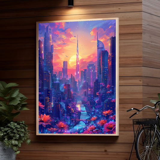 A vibrant cityscape at sunset with towering skyscrapers, including the iconic Burj Khalifa, set against a colorful sky with birds in flight. Pink and purple flowers line a river flowing through the futuristic city
