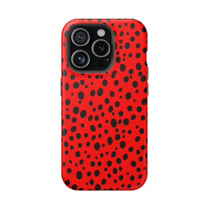 Dotted Delight - Red (iPhone MagSafe Case)Elevate your iPhone's style with the Red backdrop with varied black dots MagSafe Case, offering robust protection, MagSafe compatibility, and a choice of matte or glRimaGallery