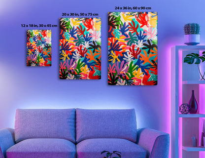 Colorful abstract pattern of overlapping handprint shapes in various vibrant colors like red, blue, green, yellow, and more, creating an energetic and dynamic composition.
