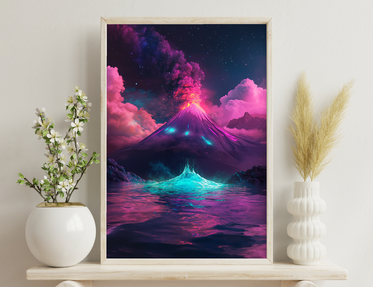 A surreal volcanic landscape with a towering mountain erupting vibrant pink and blue clouds, reflecting in a serene cosmic lake under a starry night sky.
