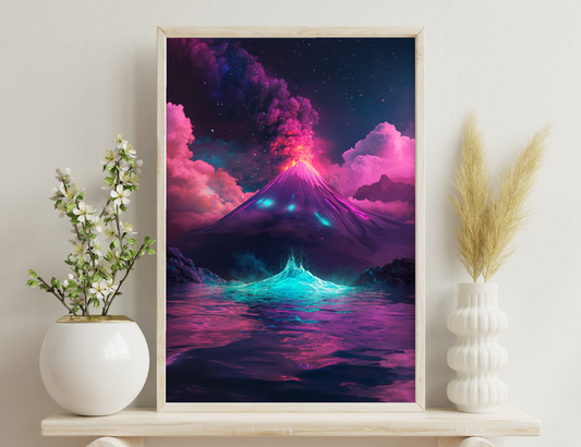 A surreal volcanic landscape with a towering mountain erupting vibrant pink and blue clouds, reflecting in a serene cosmic lake under a starry night sky.
