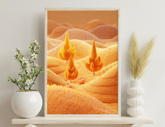 Highly magnified view of an orange-brown surface with wavy patterns, featuring vibrant flame-like structures in shades of yellow and orange, potentially depicting microscopic organisms or a natural texture.
