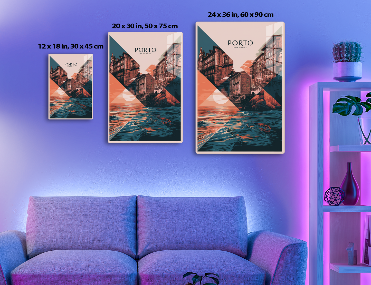 A stylized travel poster depicting the city of Porto, Portugal, with its iconic colorful buildings along the Douro River against a geometric background of shapes and a dramatic sunset sky.
