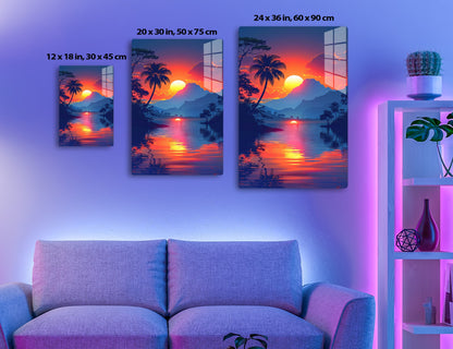 A breathtaking sunset landscape with palm trees silhouetted against a vibrant orange and purple sky, mountains in the distance, and a perfectly mirrored reflection on a calm lake creating a serene, tropical paradise.
