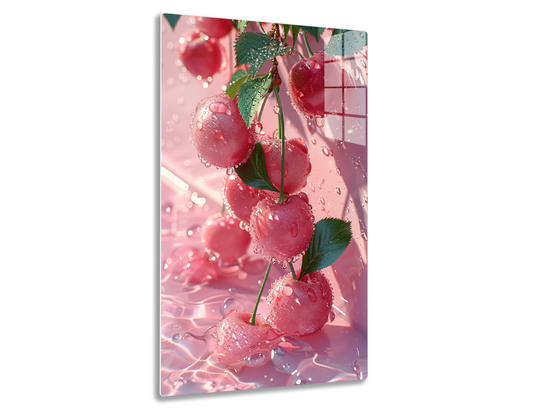 Dew-covered red rose blooms with green leaves against a soft pink blurred background.
