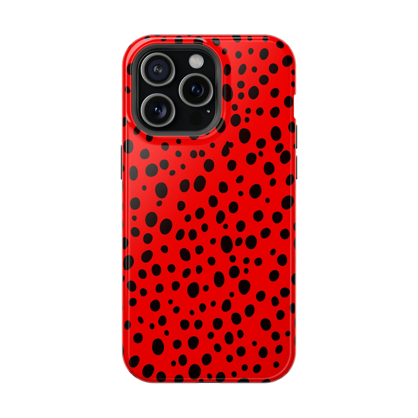 Dotted Delight - Red (iPhone MagSafe Case)Elevate your iPhone's style with the Red backdrop with varied black dots MagSafe Case, offering robust protection, MagSafe compatibility, and a choice of matte or glRimaGallery