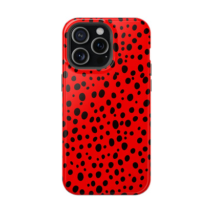 Dotted Delight - Red (iPhone MagSafe Case)Elevate your iPhone's style with the Red backdrop with varied black dots MagSafe Case, offering robust protection, MagSafe compatibility, and a choice of matte or glRimaGallery