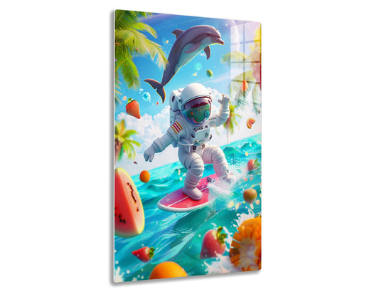 An astronaut surfing amid tropical fruits, a dolphin, and palm trees, creating a whimsical and surreal beach paradise scene.
