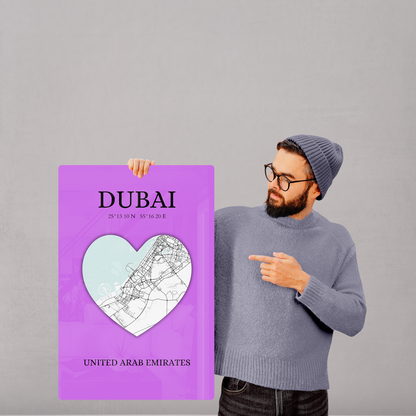 Dubai Heartbeat - Purple (Acrylic)Step into the universe with Vibrant purple Dubai souvenir featuring a heart and map. Acrylic art from RimaGallery. Experience the cosmos in your home with vibrant, eRimaGallery