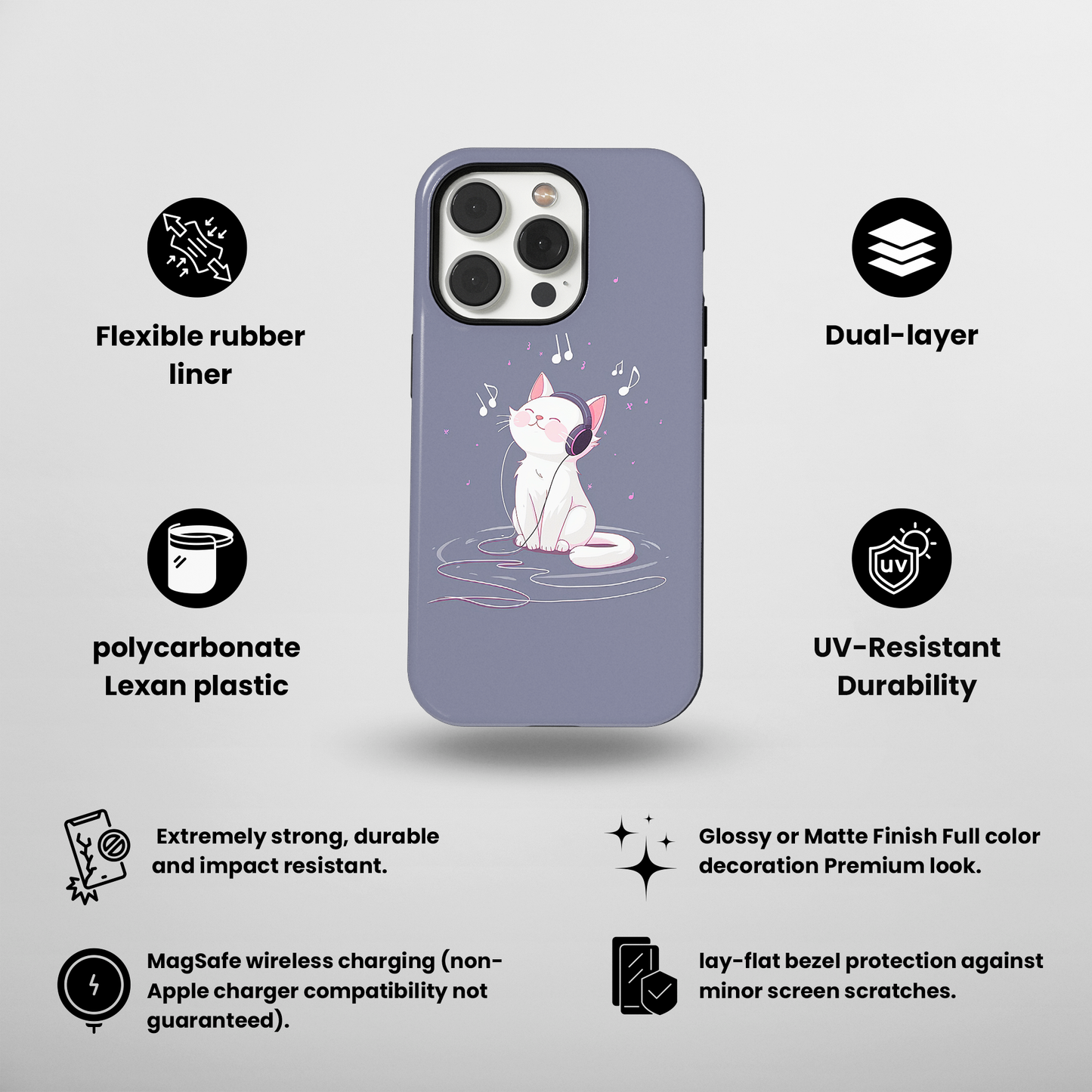 Melody Mews (iPhone MagSafe Case)Elevate your iPhone's protection and style with RimaGallery's Illustrated cat enjoying music with headphones on iphone MagSafe Case against a dark backdrop. Enjoy duRimaGallery