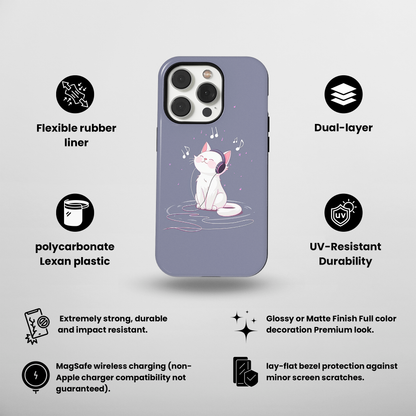 Melody Mews (iPhone MagSafe Case)Elevate your iPhone's protection and style with RimaGallery's Illustrated cat enjoying music with headphones on iphone MagSafe Case against a dark backdrop. Enjoy duRimaGallery