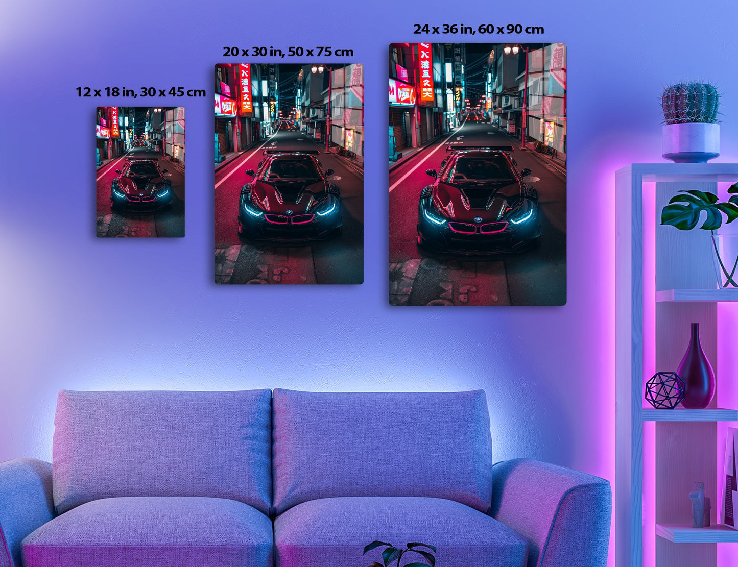 A futuristic-looking BMW sports car parked on a neon-lit street in a Japanese city district at night, with vibrant red and blue lighting accenting the vehicle's sleek design.
