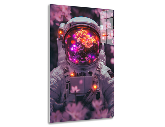 A spacesuit helmet displays a vibrant, miniature cherry blossom tree inside its tinted visor, surrounded by glowing lights and blooming cherry blossoms outside creating a surreal, dreamlike atmosphere.
