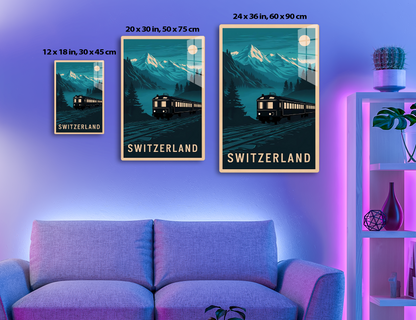 Switzerland travel poster depicting a train traveling through snowy mountains and forests at night under a full moon, with the text "SWITZERLAND" at the bottom.
