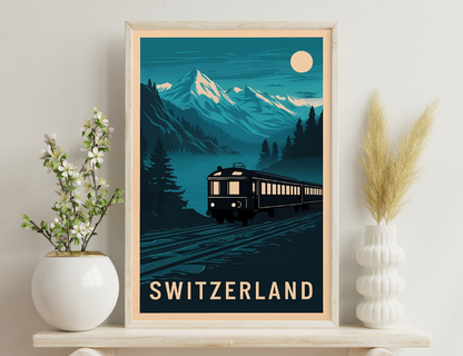 A vintage travel poster depicting a passenger train traveling through a scenic mountain landscape in Switzerland at night, with a full moon in the sky, tall snow-capped peaks, and pine trees in the foreground.
