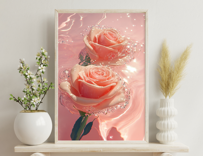 Two lush pink roses adorned with sparkling dewdrops, set against a soft pink background, creating a dreamy and ethereal floral scene.
