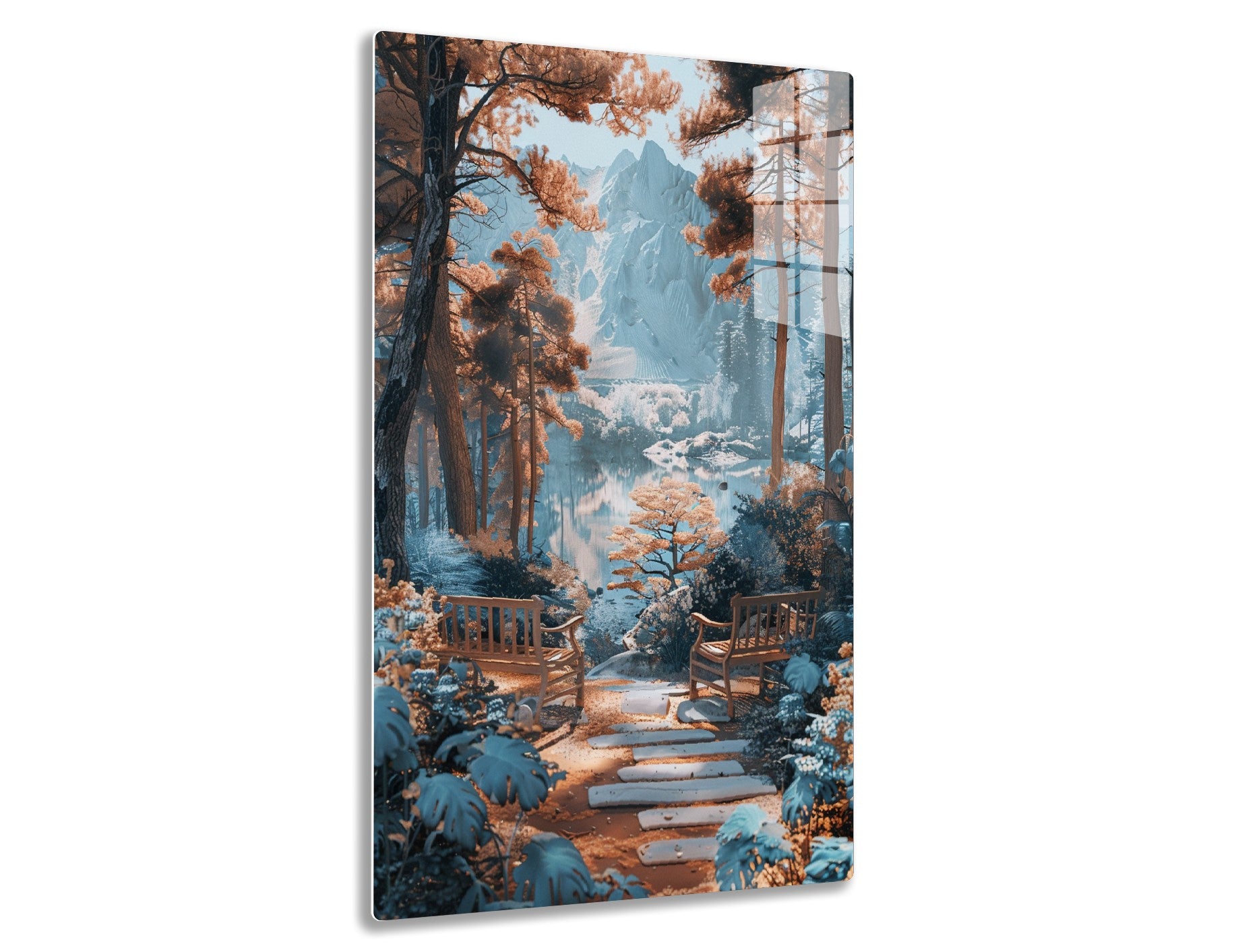 Breathtaking autumn scenery of a snow-capped mountain reflecting in a serene lake, framed by vibrant orange foliage and a winding path leading to benches offering a picturesque vantage point.
