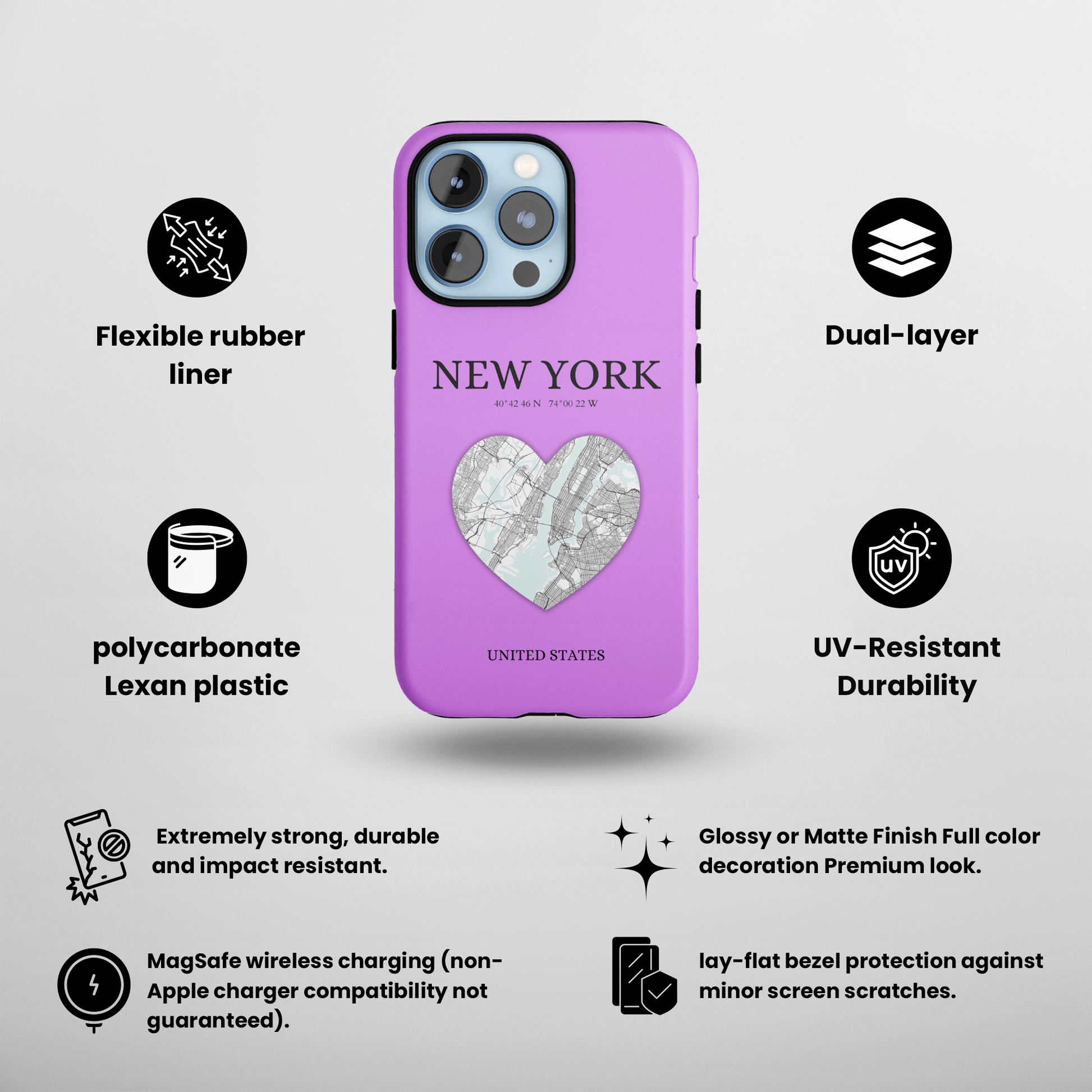 Add a touch of New York to your iPhone with the Purple Heartbeat MagSafe Case, offering durable protection, seamless MagSafe compatibility, and a choice between matt-York Heartbeat - Purple (iPhone MagSafe Case)