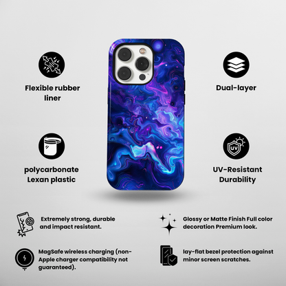 Nebula Swirl (iPhone MagSafe Case)Elevate your iPhone's protection and style with RimaGallery's TVibrant cosmic swirls in a nebula palette on iphone MagSafe Case against a dark backdrop. Enjoy dual-lRimaGallery