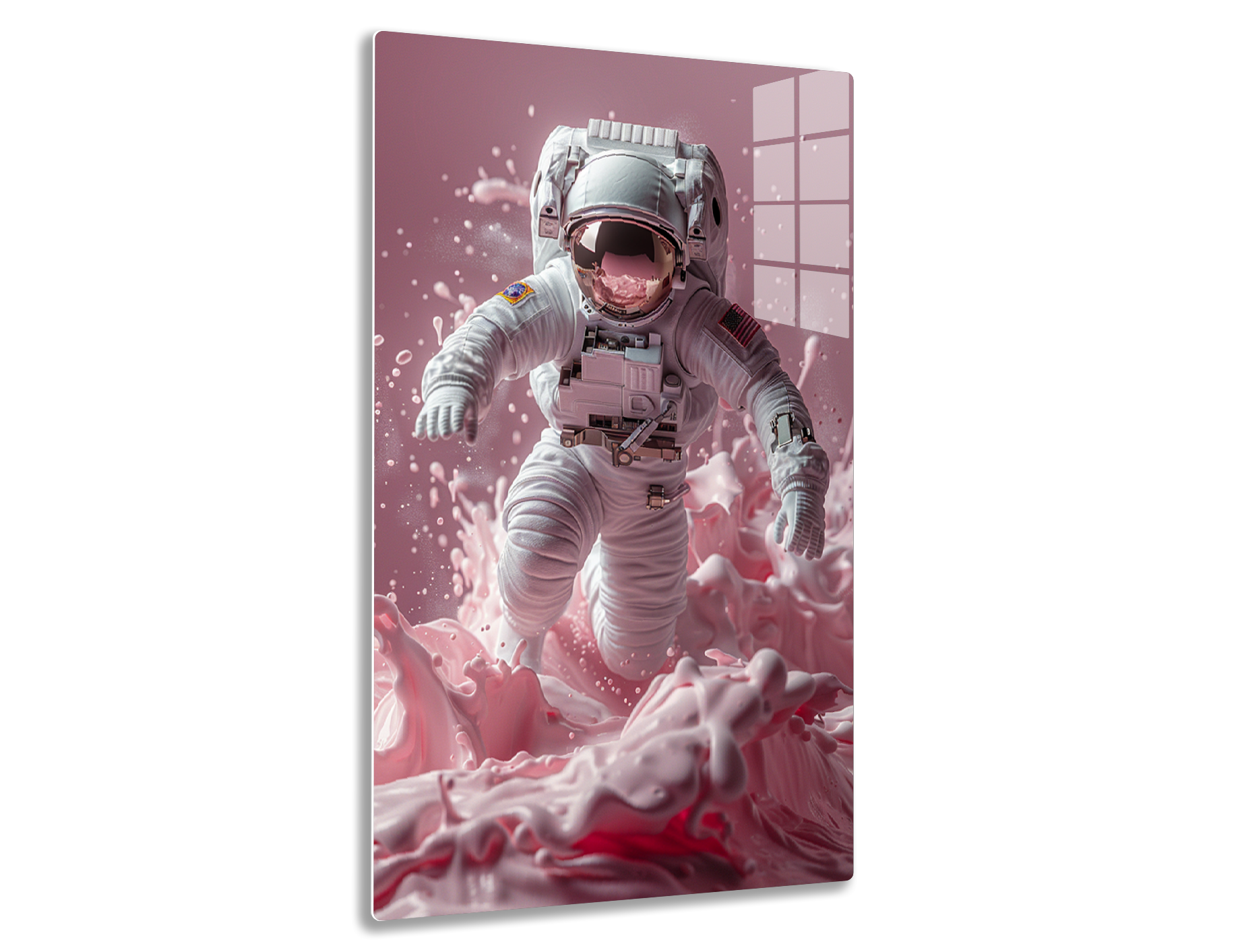 An astronaut in a white spacesuit floats gracefully amid a vibrant pink nebulous environment, surrounded by swirling clouds and bubbles, creating a surreal and otherworldly scene.
