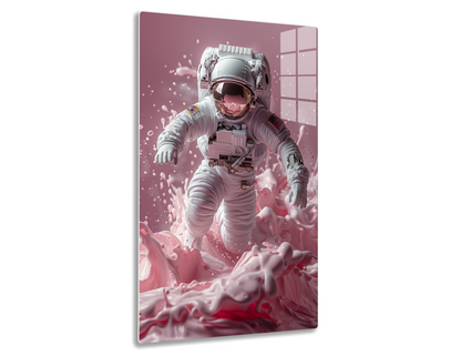 An astronaut in a white spacesuit floats gracefully amid a vibrant pink nebulous environment, surrounded by swirling clouds and bubbles, creating a surreal and otherworldly scene.
