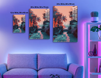 A serene tropical scene with a wooden pathway leading across a calm lake surrounded by towering palm trees and dense foliage, bathed in a warm, reddish-orange sunset glow.
