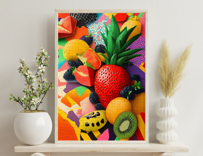 Vibrant illustration of tropical fruits including strawberry, blackberries, kiwi, and cartoon pineapple amid colorful abstract geometric shapes and textures.
