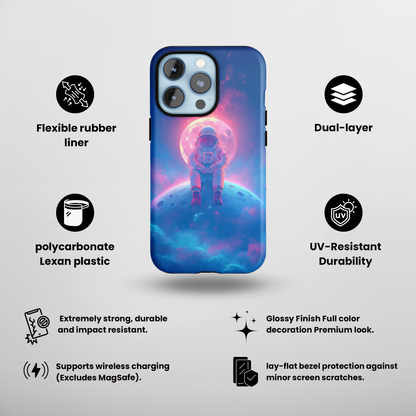 Lunar Dreamer (iPhone Case 11-15)Elevate your iPhone's protection and style with RimaGallery's Astronaut sitting on a moon against a cosmic backdrop On case, featuring dual-layer defense and a sleekRimaGallery
