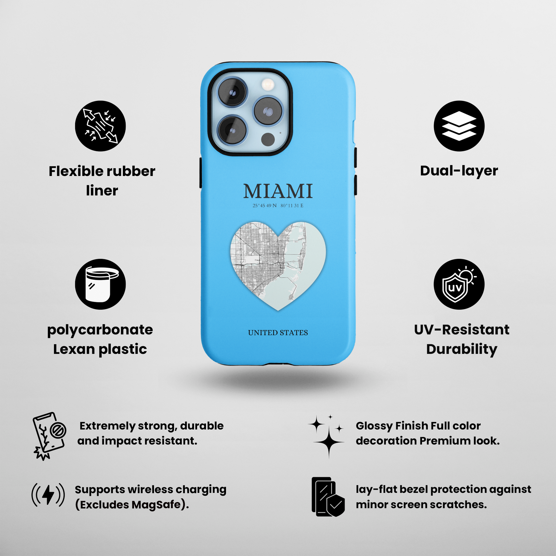 Miami Heartbeat - Sky Blue (iPhone Case 11-15)Capture the essence of Miami with RimaGallery's Heartbeat Sky Blue iPhone case, blending durable protection and unique design. Perfect for iPhone 11-15 models. Free RimaGallery