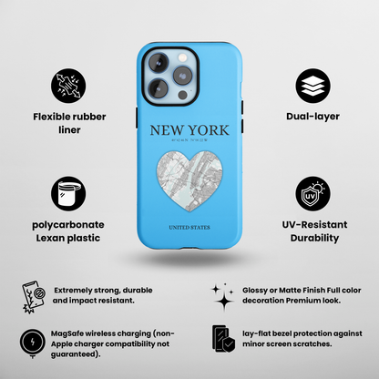 Add a touch of New York to your iPhone with the Sky Blue Heartbeat MagSafe Case, offering durable protection, seamless MagSafe compatibility, and a choice between ma-York Heartbeat - Sky Blue (iPhone MagSafe Case)