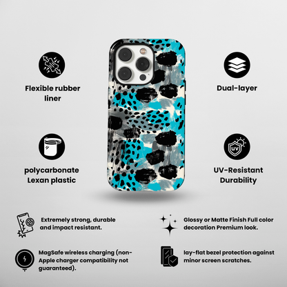 Teal Spots (iPhone MagSafe Case)Elevate your iPhone's protection and style with RimaGallery's Trendy animal print pattern with teal accents on iphone MagSafe Case against a dark backdrop. Enjoy duaRimaGallery