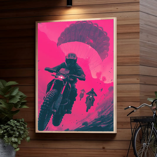 Motorcycle riders with parachutes deployed, one in the foreground with a large pink parachute against a vibrant pink sky backdrop, creating a surreal and dynamic scene.

