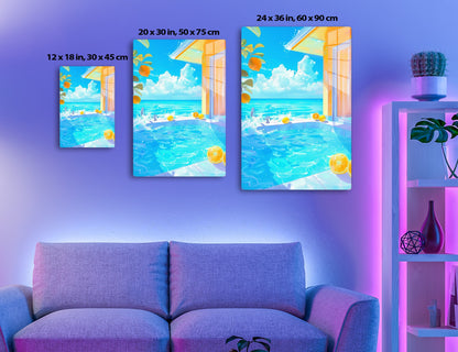 A refreshing pool with splashing water and floating oranges overlooks a stunning ocean view through an open doorway, with lush greenery and vibrant blue skies streaked with fluffy white clouds.
