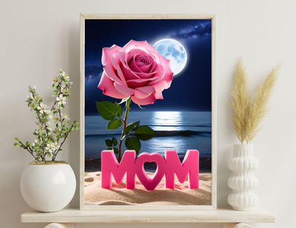 A vibrant pink rose blooming against a starry night sky with a full moon reflecting on calm waters, accompanied by the text "MOM" in pink letters on a sandy beach.
