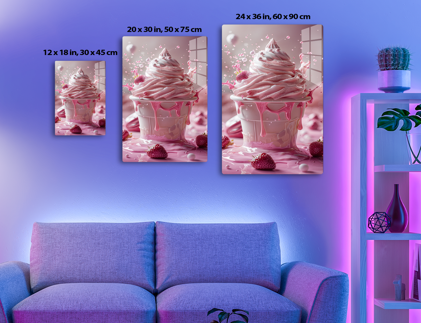 A towering swirl of pink whipped cream topped with a dripping strawberry sauce, surrounded by floating bubbles and fresh strawberries, creating a vibrant and mouthwatering dessert display.
