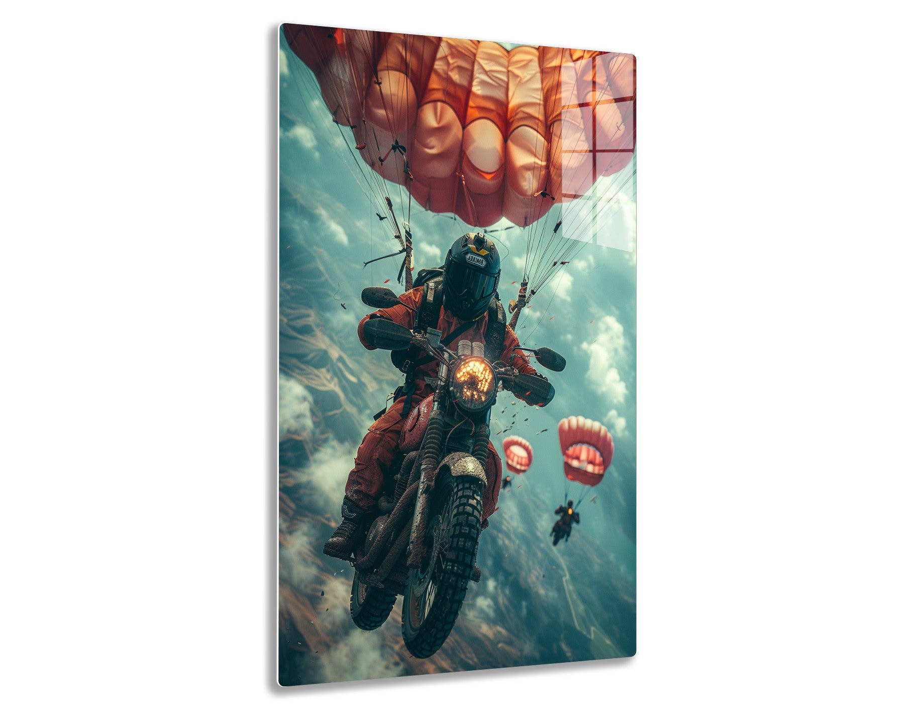 A daredevil motocross rider performs a gravity-defying stunt, soaring among vibrant hot air balloons against a dramatic cloudy sky, capturing a moment of extreme adventure and adrenaline.
