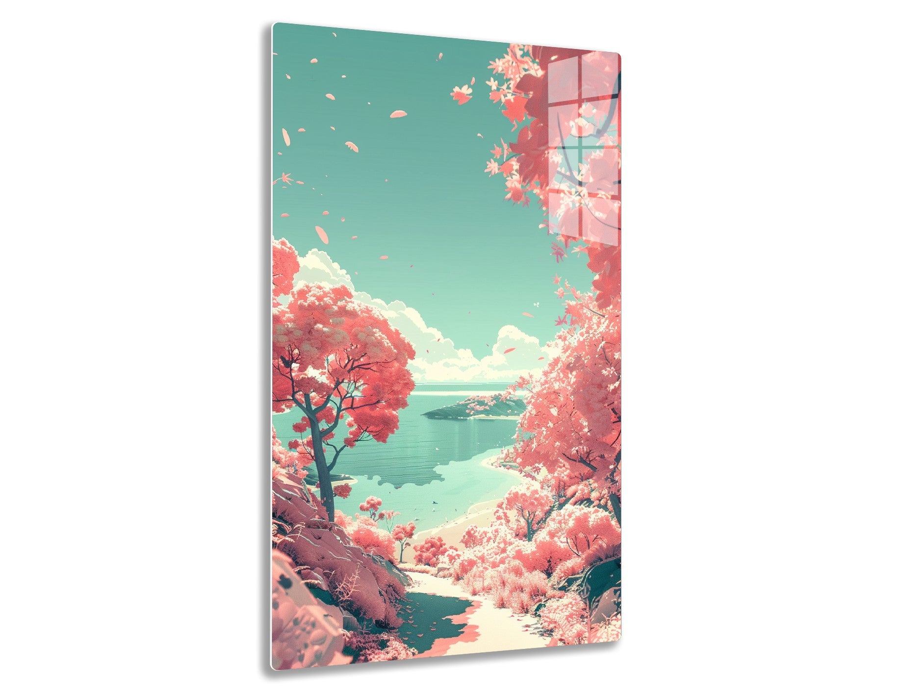 A serene landscape with cherry blossom trees in full bloom, their pink flowers cascading over a tranquil lake and surrounding hills, creating a dreamlike, peaceful scenery.
