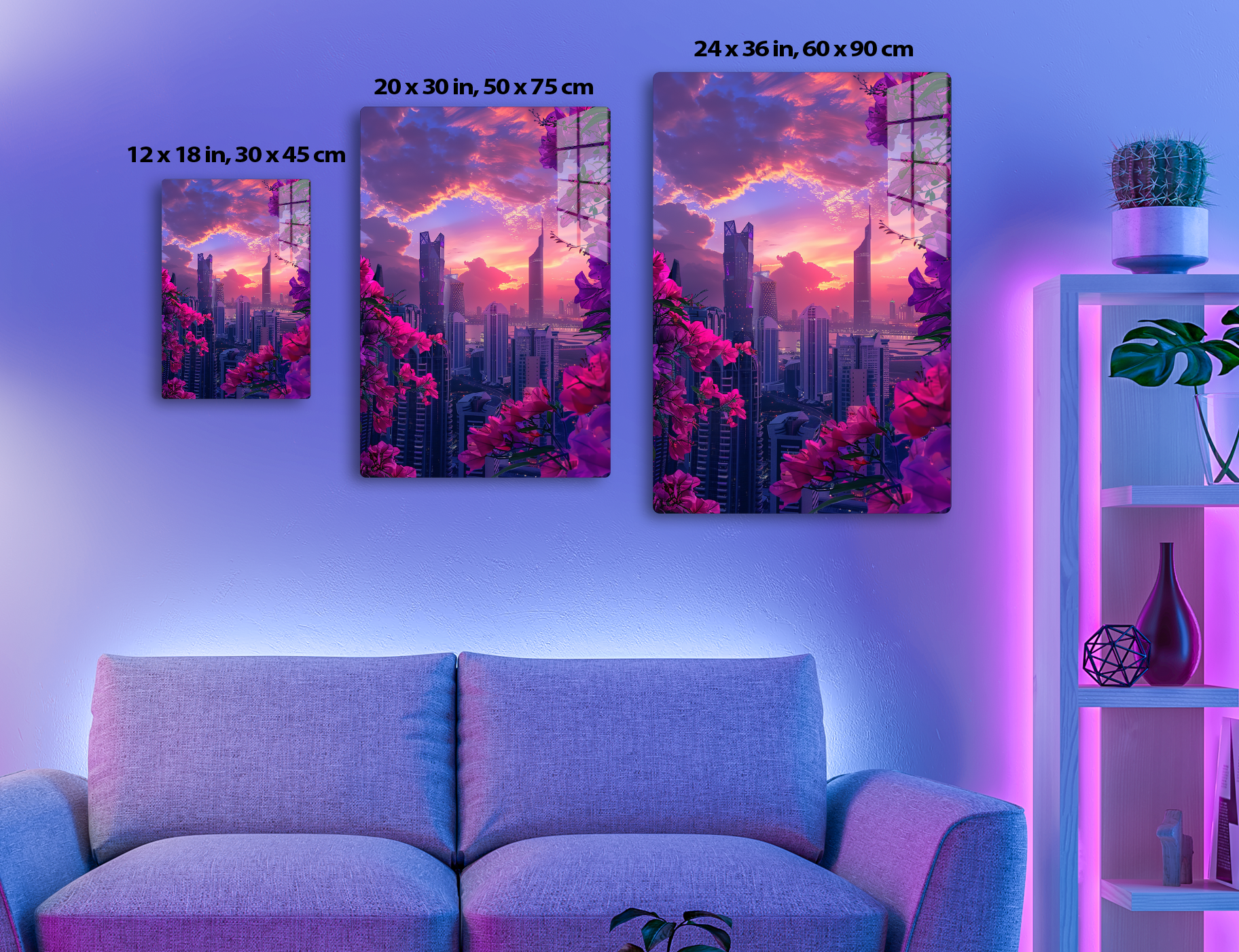 A futuristic cityscape with towering skyscrapers silhouetted against a vivid sunset sky, framed by vibrant purple foliage in the foreground, creating a striking contrast of urban structures and natural elements.
